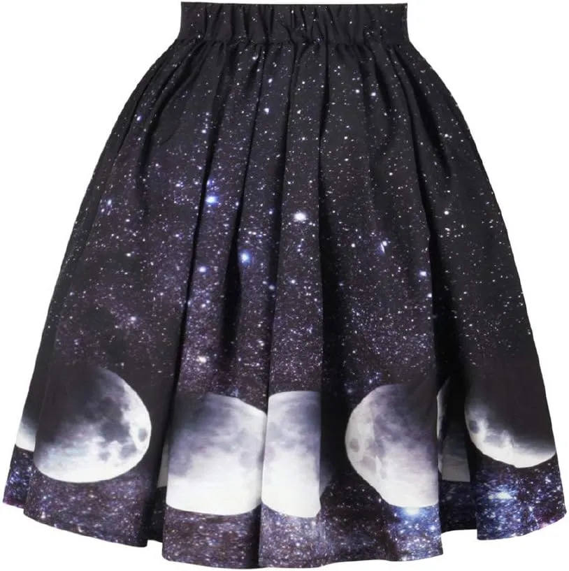 Women's Digital Print High Waisted A-Line Pleated Vintage Midi Skirts