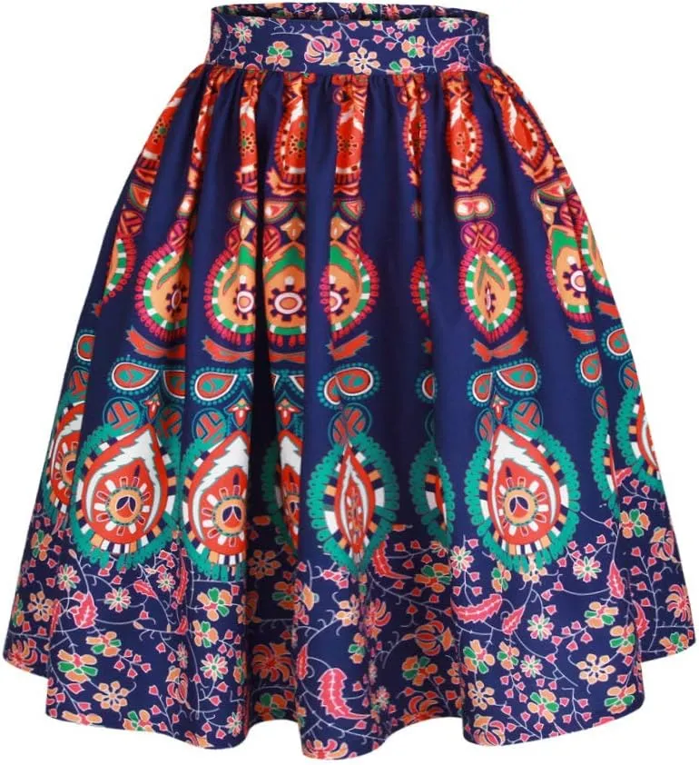 Women's Digital Print High Waisted A-Line Pleated Vintage Midi Skirts