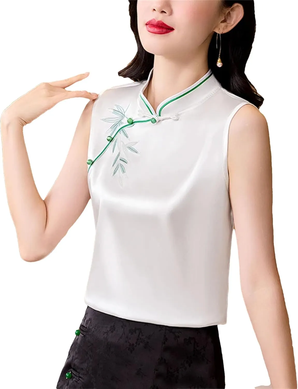 Women's Embroidered Satin Shirt Sleeveless Mandarin Collar Button-Down Blouse Breathable Wedding Guest Outfit