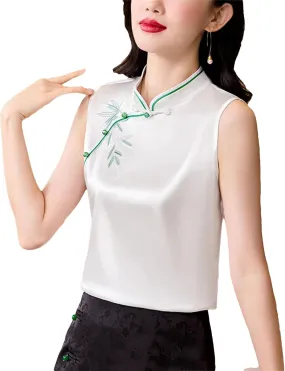 Women's Embroidered Satin Shirt Sleeveless Mandarin Collar Button-Down Blouse Breathable Wedding Guest Outfit