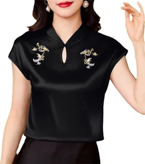 Women's Embroidery Satin Blouse Mandarin Collar Cap Sleeve Shirt with Hollow Out Elegant Wedding Guest Outfit