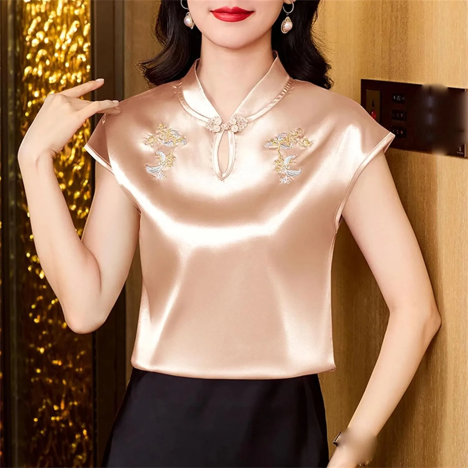 Women's Embroidery Satin Blouse Mandarin Collar Cap Sleeve Shirt with Hollow Out Elegant Wedding Guest Outfit