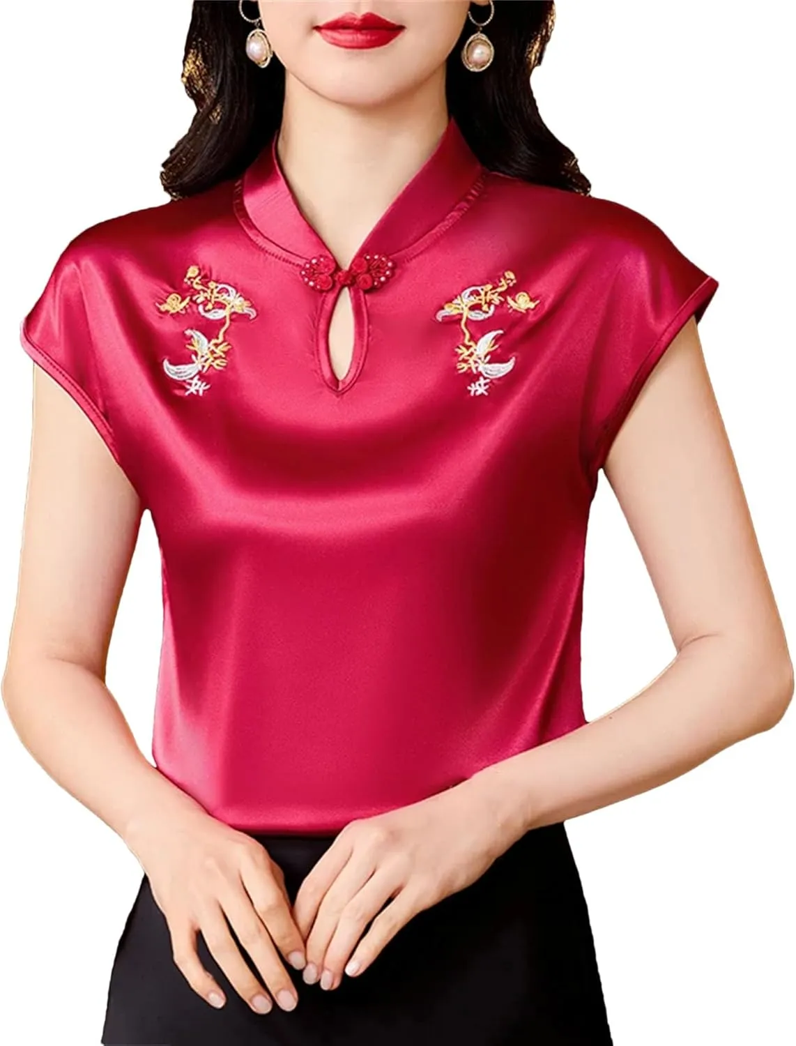 Women's Embroidery Satin Blouse Mandarin Collar Cap Sleeve Shirt with Hollow Out Elegant Wedding Guest Outfit