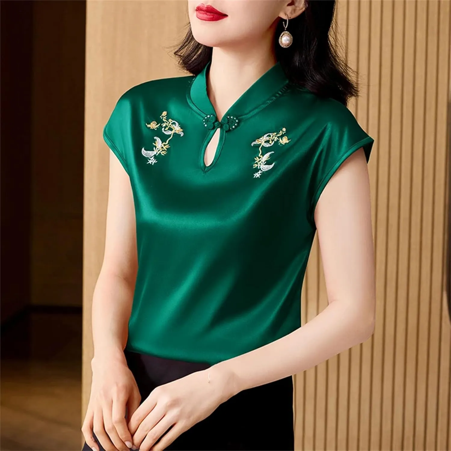 Women's Embroidery Satin Blouse Mandarin Collar Cap Sleeve Shirt with Hollow Out Elegant Wedding Guest Outfit