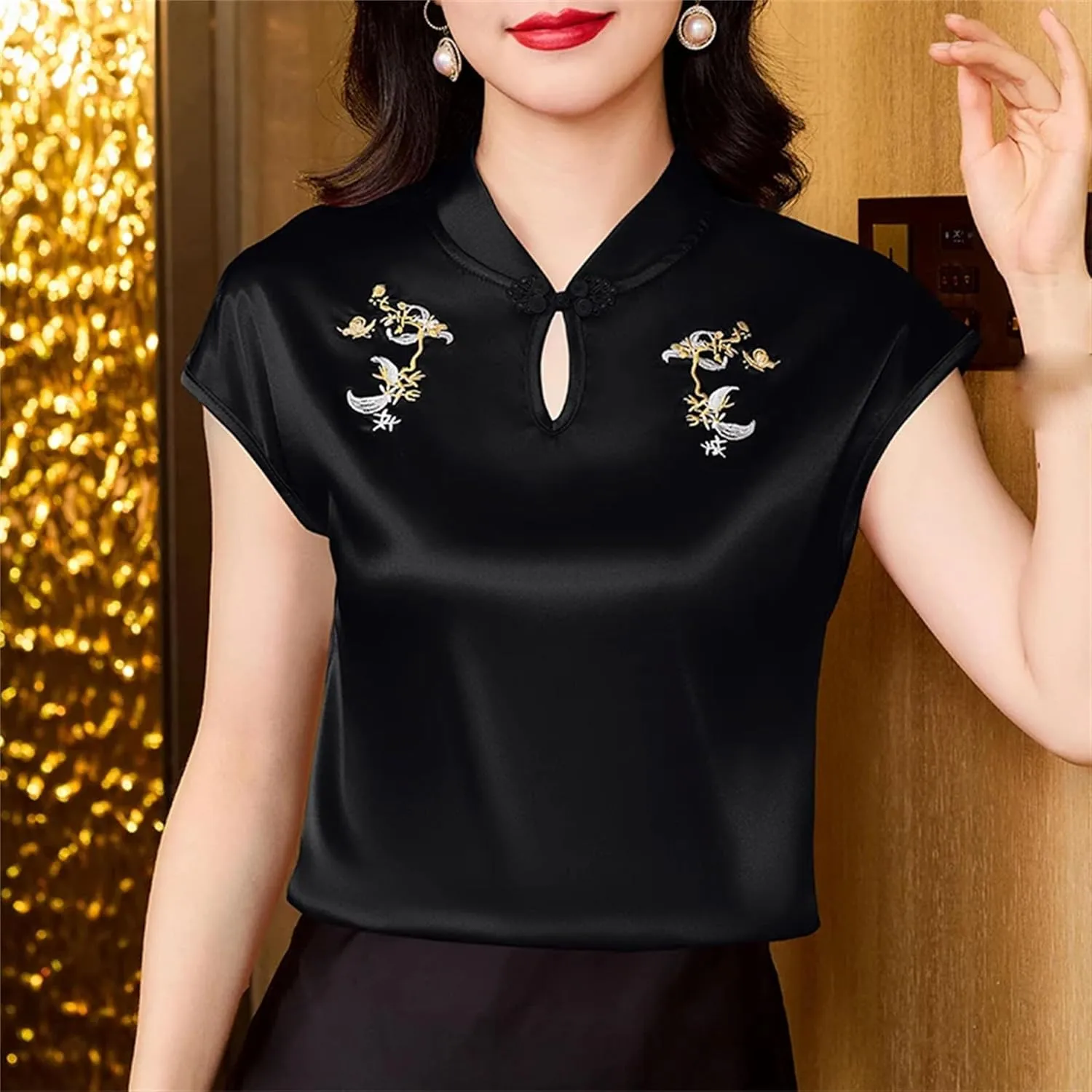 Women's Embroidery Satin Blouse Mandarin Collar Cap Sleeve Shirt with Hollow Out Elegant Wedding Guest Outfit