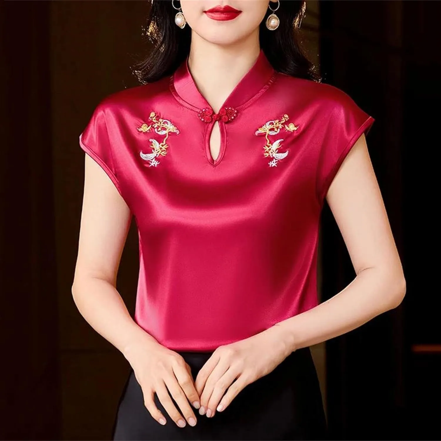 Women's Embroidery Satin Blouse Mandarin Collar Cap Sleeve Shirt with Hollow Out Elegant Wedding Guest Outfit