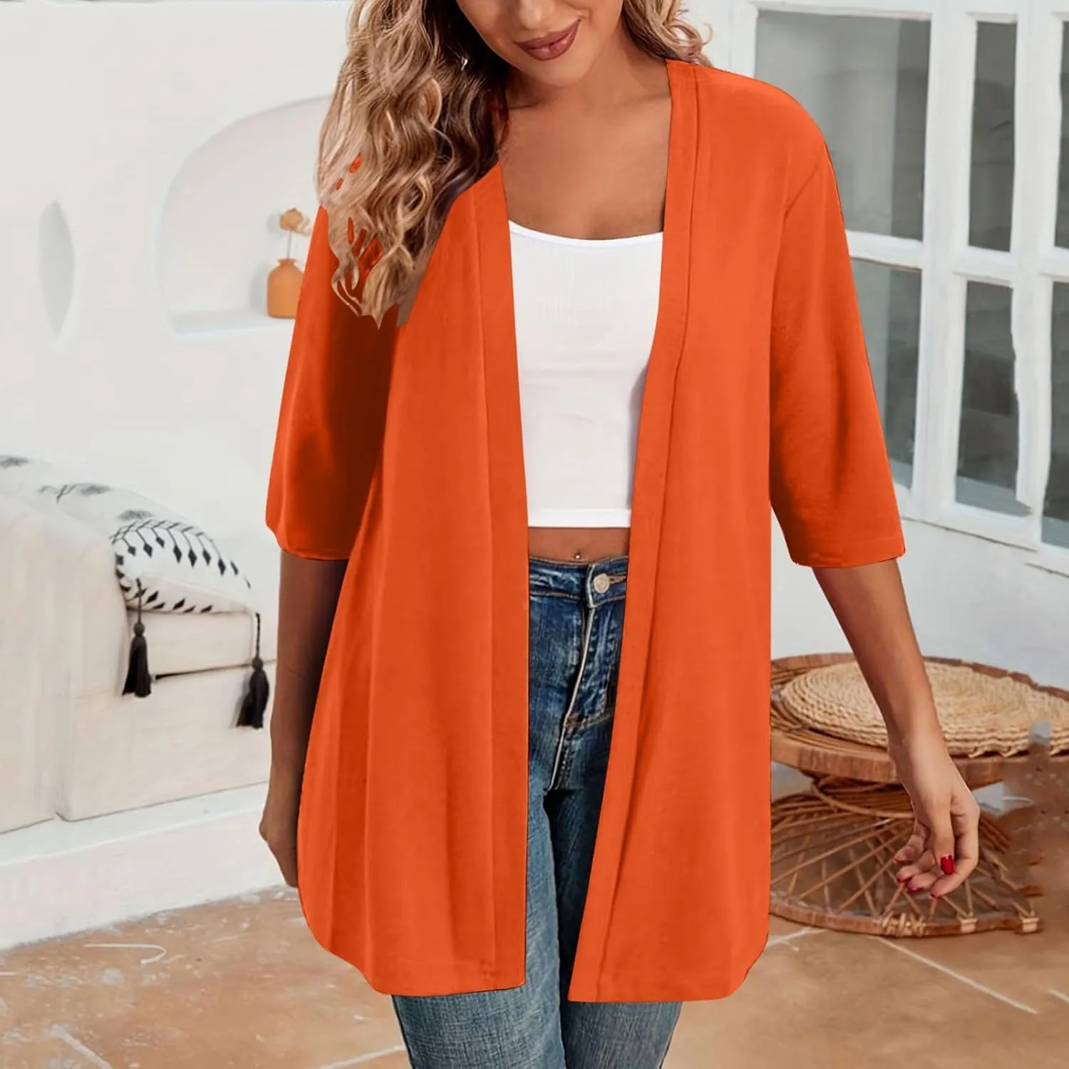 Women's Longer Length Open Front Cardigan 2025 Summer Sun Protection Cover Ups Trendy Half Sleeve Maxi Duster Coats
