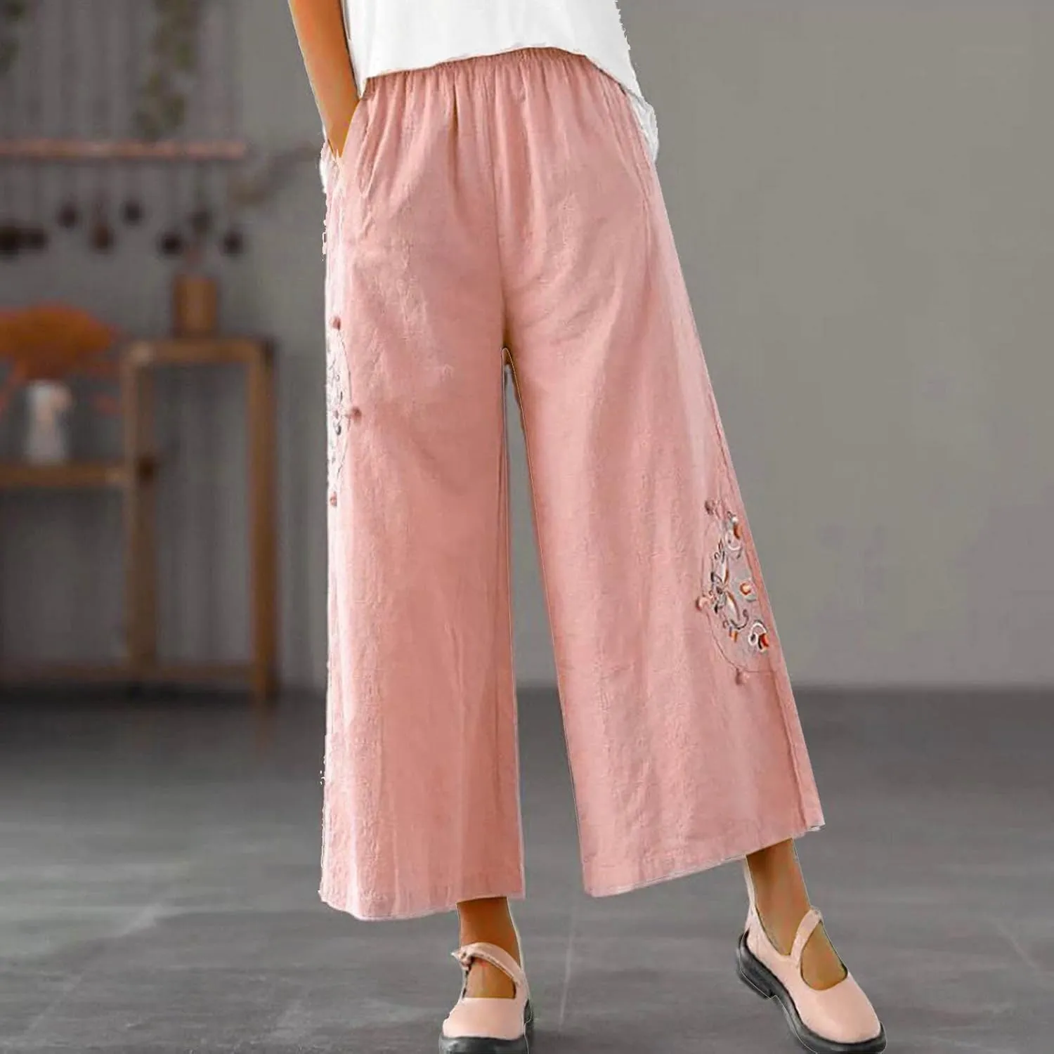 Women's Palazzo Pants Casual Plus Size Linen Wide Leg Pants Loose Ankle Length Floral Embroidered Pants with Pockets