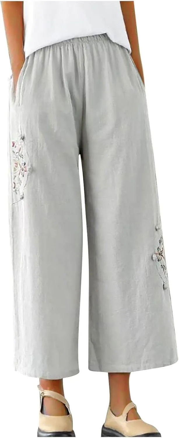Women's Palazzo Pants Casual Plus Size Linen Wide Leg Pants Loose Ankle Length Floral Embroidered Pants with Pockets