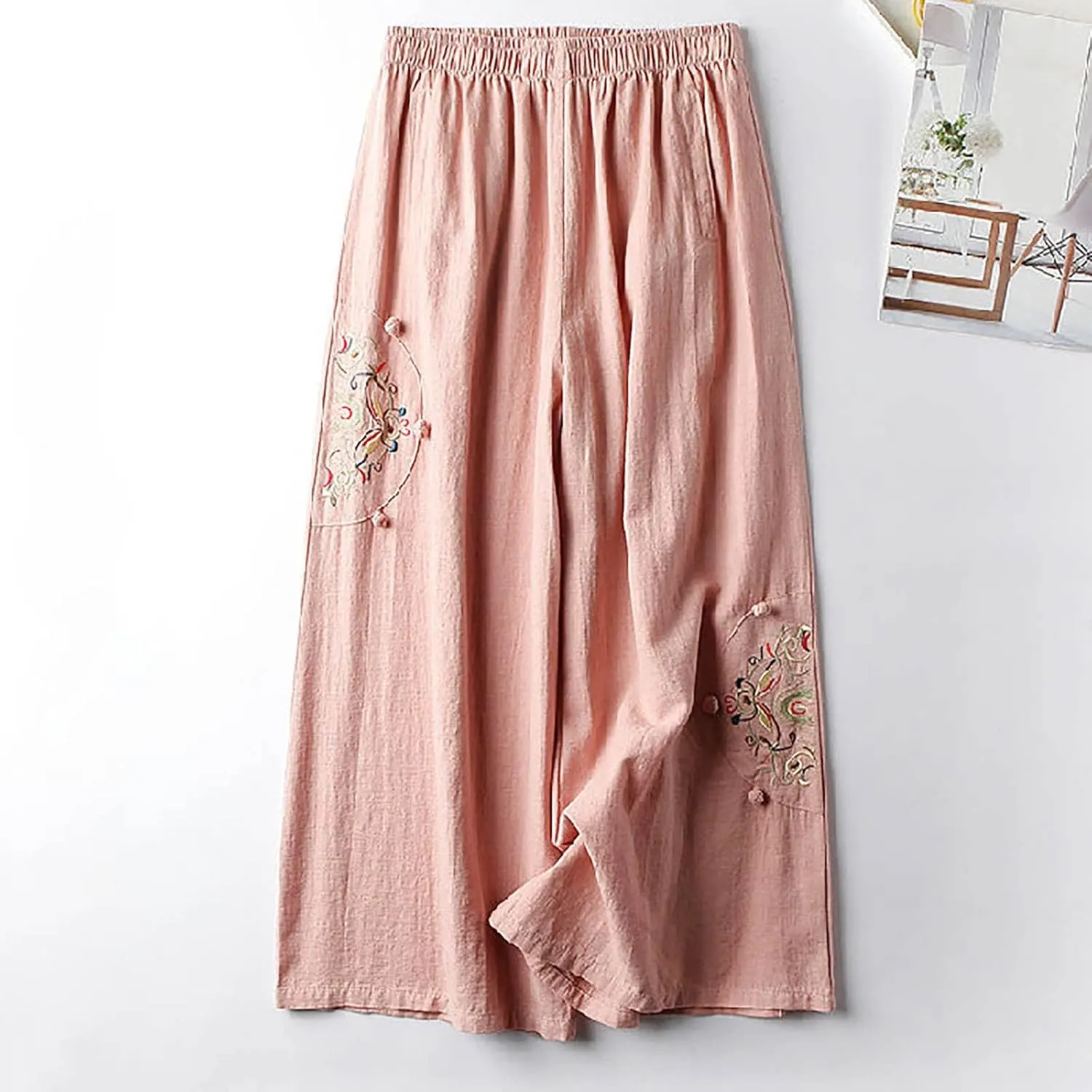 Women's Palazzo Pants Casual Plus Size Linen Wide Leg Pants Loose Ankle Length Floral Embroidered Pants with Pockets