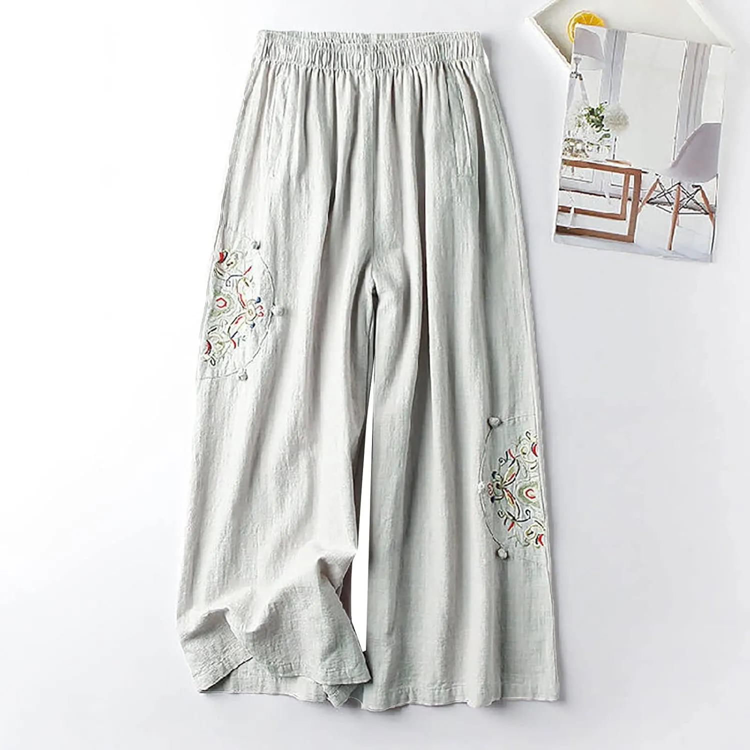 Women's Palazzo Pants Casual Plus Size Linen Wide Leg Pants Loose Ankle Length Floral Embroidered Pants with Pockets