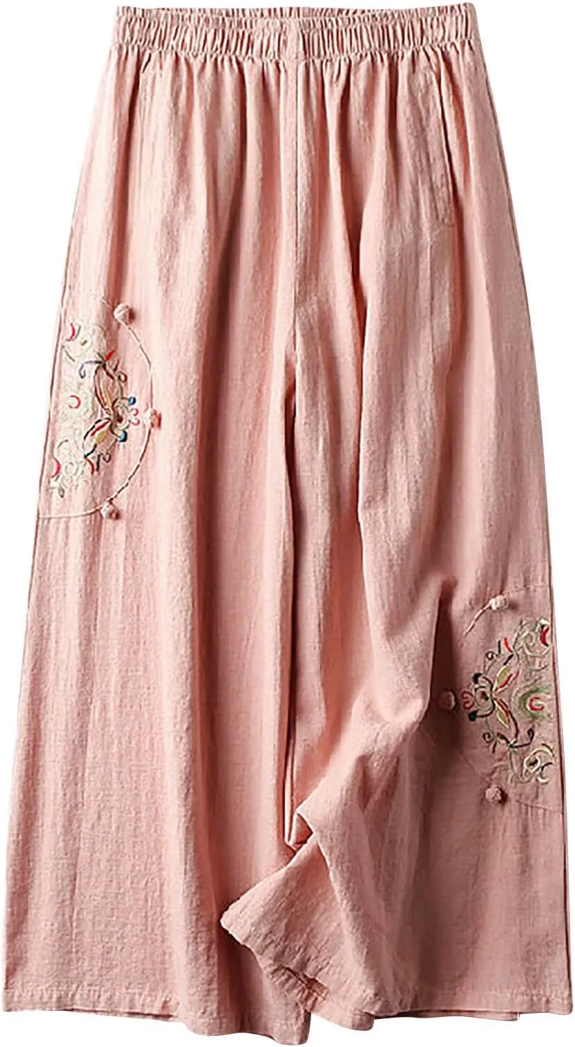 Women's Palazzo Pants Casual Plus Size Linen Wide Leg Pants Loose Ankle Length Floral Embroidered Pants with Pockets