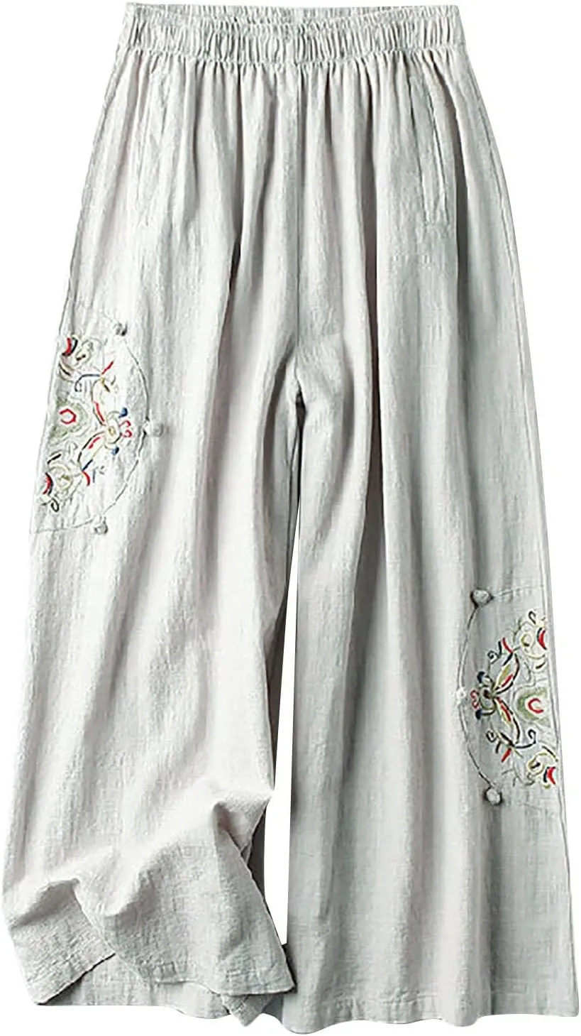 Women's Palazzo Pants Casual Plus Size Linen Wide Leg Pants Loose Ankle Length Floral Embroidered Pants with Pockets