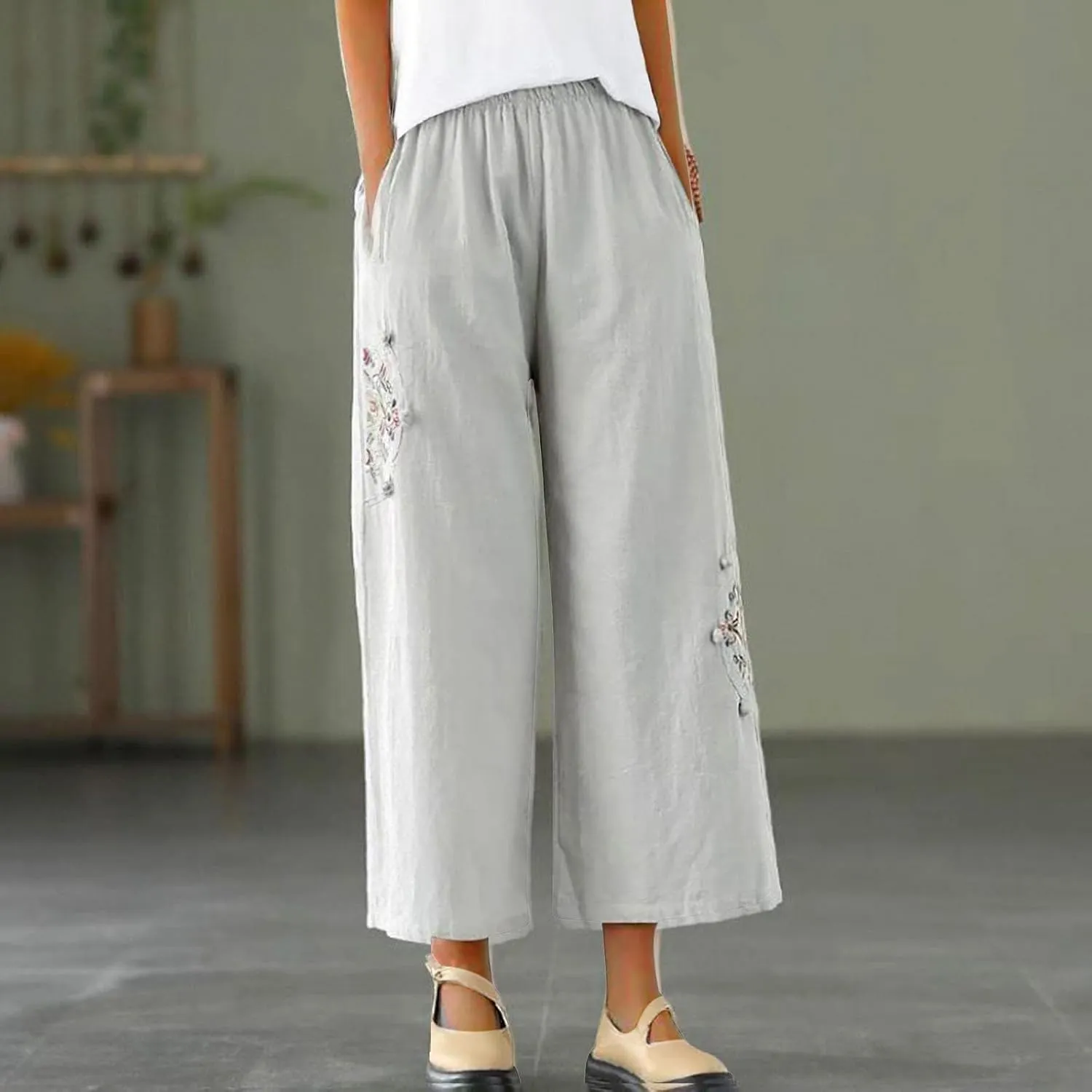 Women's Palazzo Pants Casual Plus Size Linen Wide Leg Pants Loose Ankle Length Floral Embroidered Pants with Pockets