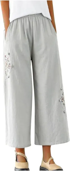 Women's Palazzo Pants Casual Plus Size Linen Wide Leg Pants Loose Ankle Length Floral Embroidered Pants with Pockets