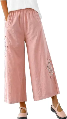 Women's Palazzo Pants Casual Plus Size Linen Wide Leg Pants Loose Ankle Length Floral Embroidered Pants with Pockets