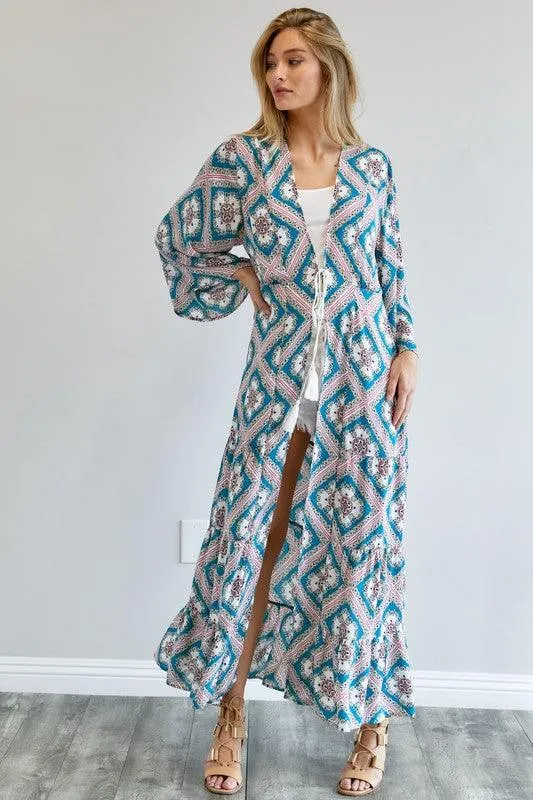 Womens Printed Long Sleeve Loose Kimono