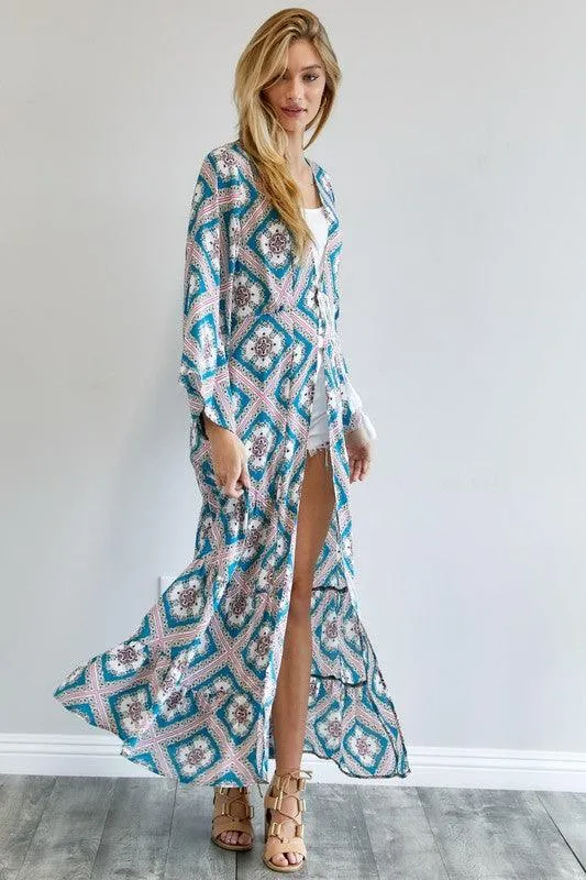 Womens Printed Long Sleeve Loose Kimono