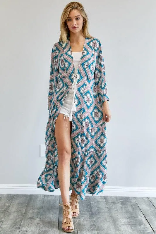 Womens Printed Long Sleeve Loose Kimono