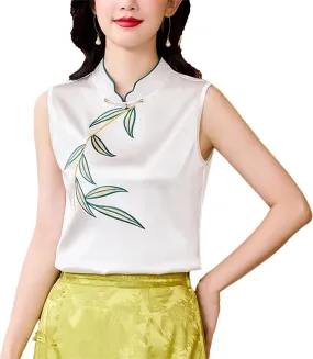 Women's Satin Blouse - Slim Fit Sleeveless Embroidered Top for Wedding Guest & Evening Party Lightweight Summer Vest