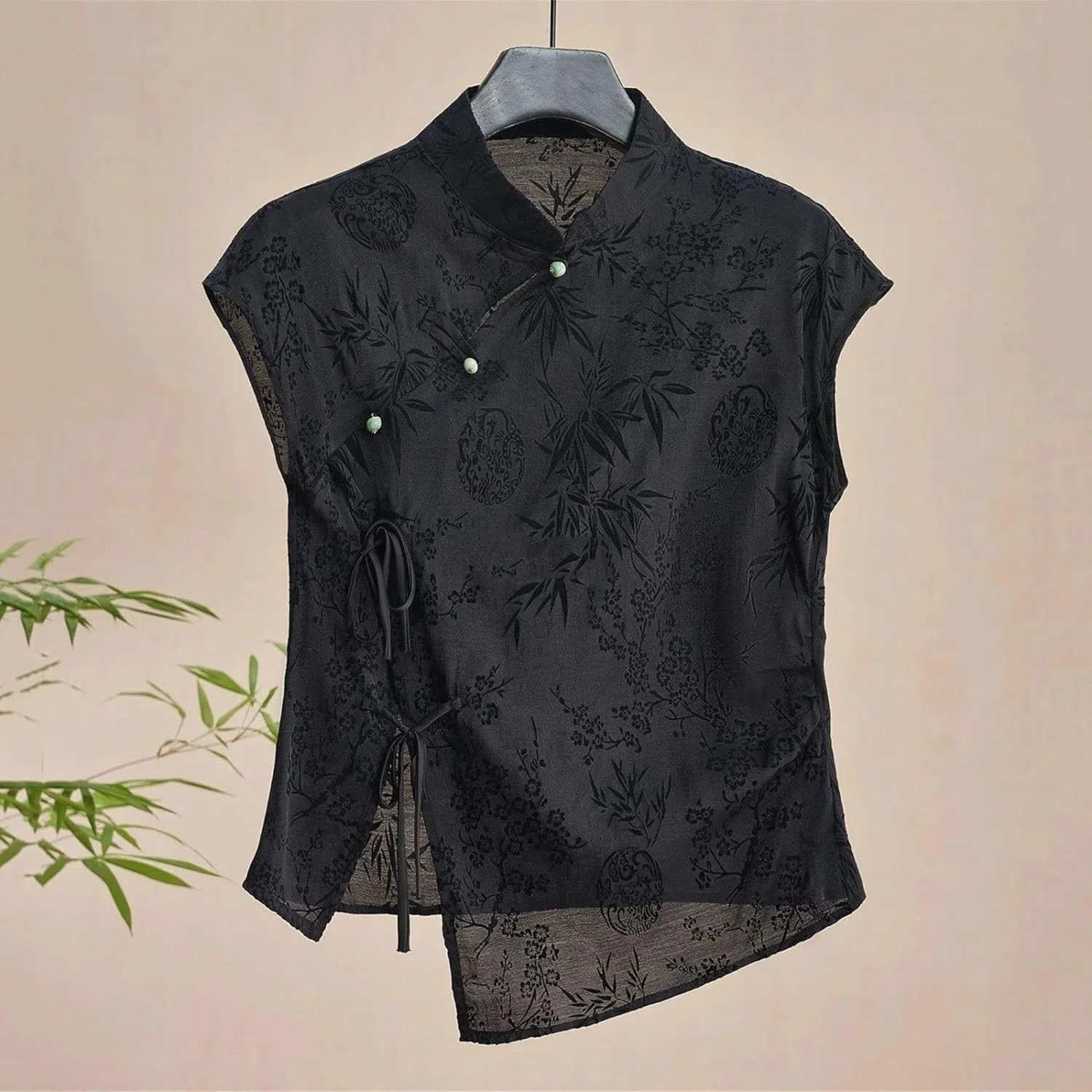 Women's Sleeveless Chiffon Blouses Elegant Mandarin Collar Jacquard Shirt with Asymmetric Hem Summer Outfit