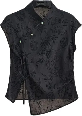 Women's Sleeveless Chiffon Blouses Elegant Mandarin Collar Jacquard Shirt with Asymmetric Hem Summer Outfit