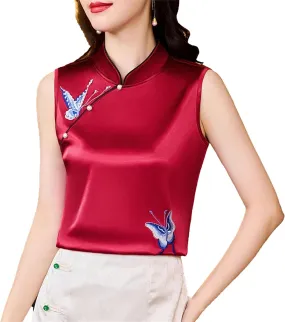 Women's Sleeveless Satin Blouse Mandarin Collar Beaded Button-Down Shirt Formal Wedding Guest Outfit for Evening Party