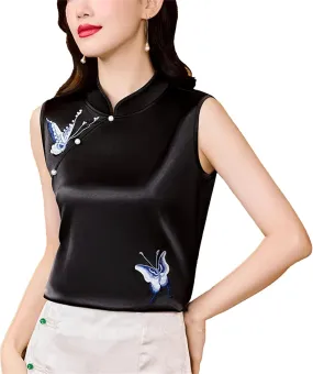 Women's Sleeveless Satin Blouse Mandarin Collar Beaded Button-Down Shirt Formal Wedding Guest Outfit for Evening Party