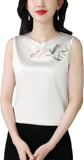 Women's Sleeveless Satin Blouse V-Neck Button Embroidered Shirt Lightweight Summer Wedding Guest Outfit for Party