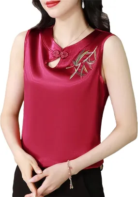 Women's Sleeveless Satin Blouse V-Neck Button Embroidered Shirt Lightweight Summer Wedding Guest Outfit for Party