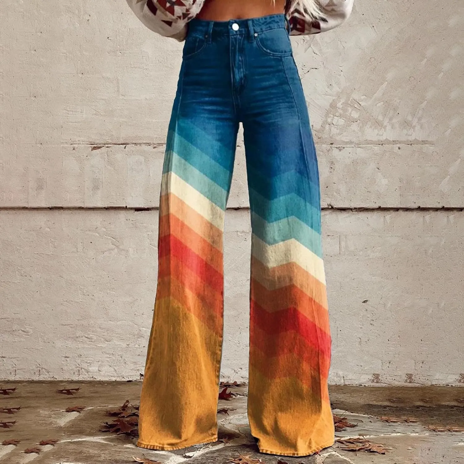 Womens Vintage Wide Leg Fashion High Waisted Casual Denim Pants 90s Floral Printed Pull On Baggy Trousers 3