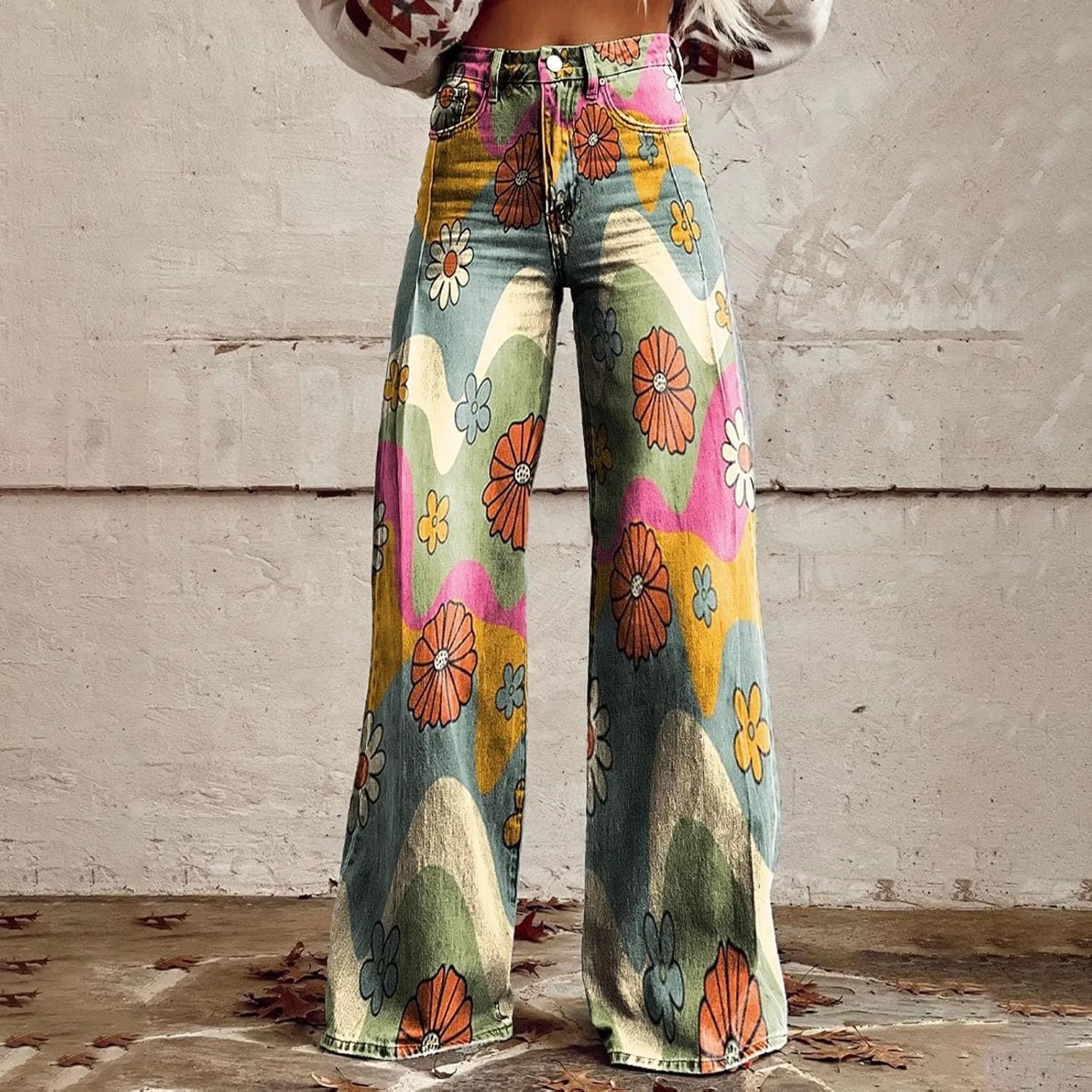 Womens Vintage Wide Leg Fashion High Waisted Casual Denim Pants 90s Floral Printed Pull On Baggy Trousers 3