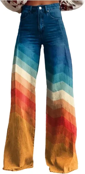 Womens Vintage Wide Leg Fashion High Waisted Casual Denim Pants 90s Floral Printed Pull On Baggy Trousers 3