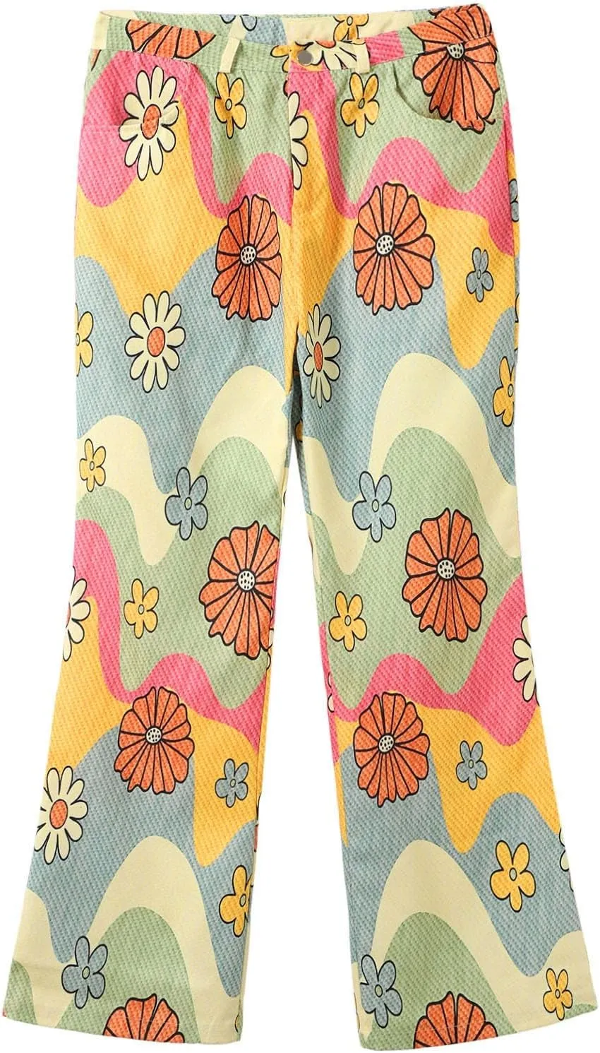 Womens Vintage Wide Leg Fashion High Waisted Casual Denim Pants 90s Floral Printed Pull On Baggy Trousers 3