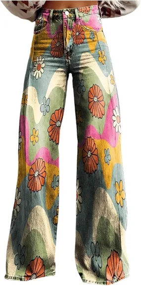 Womens Vintage Wide Leg Fashion High Waisted Casual Denim Pants 90s Floral Printed Pull On Baggy Trousers 3