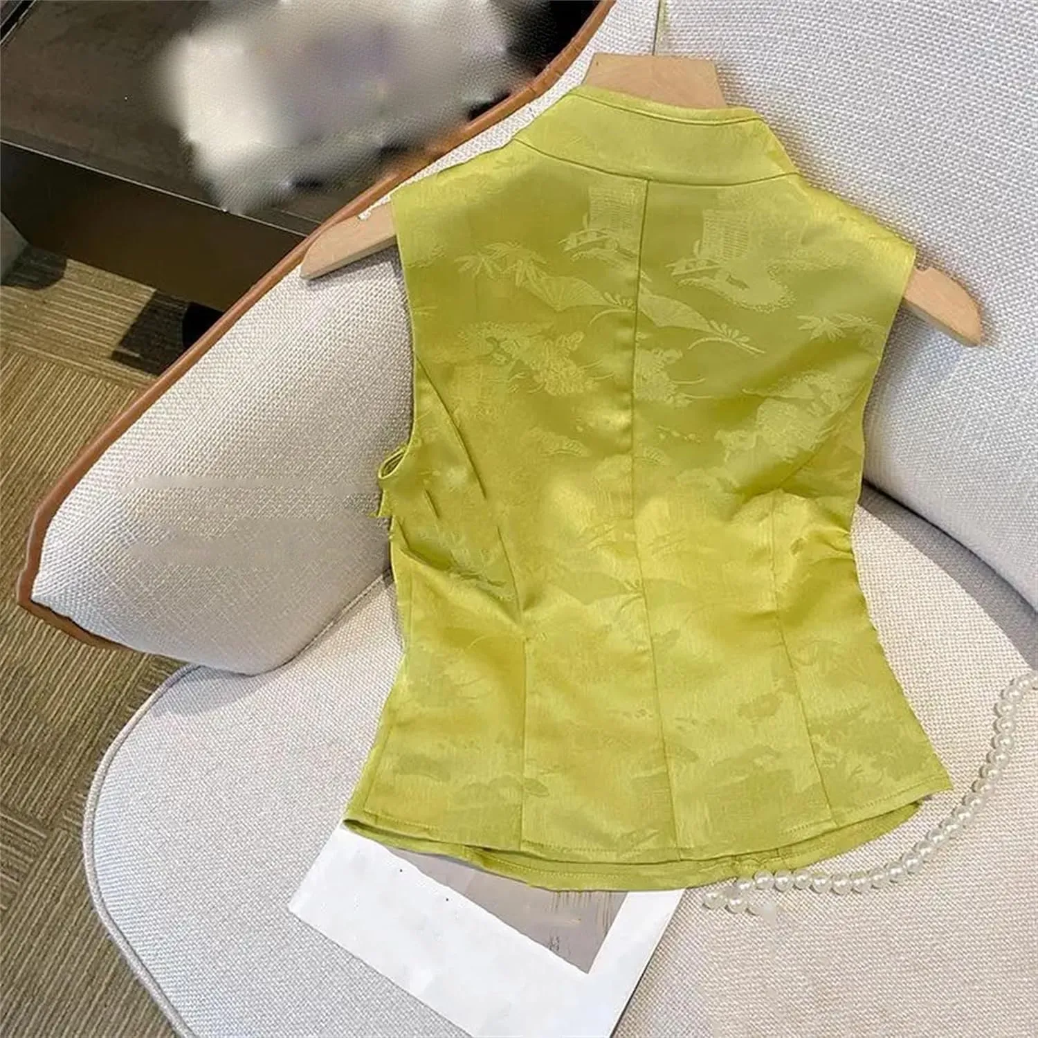 Women's Wrap Front Sleeveless Blouses Elegant Mandarin Collar Slim Fit Bead Button Shirts