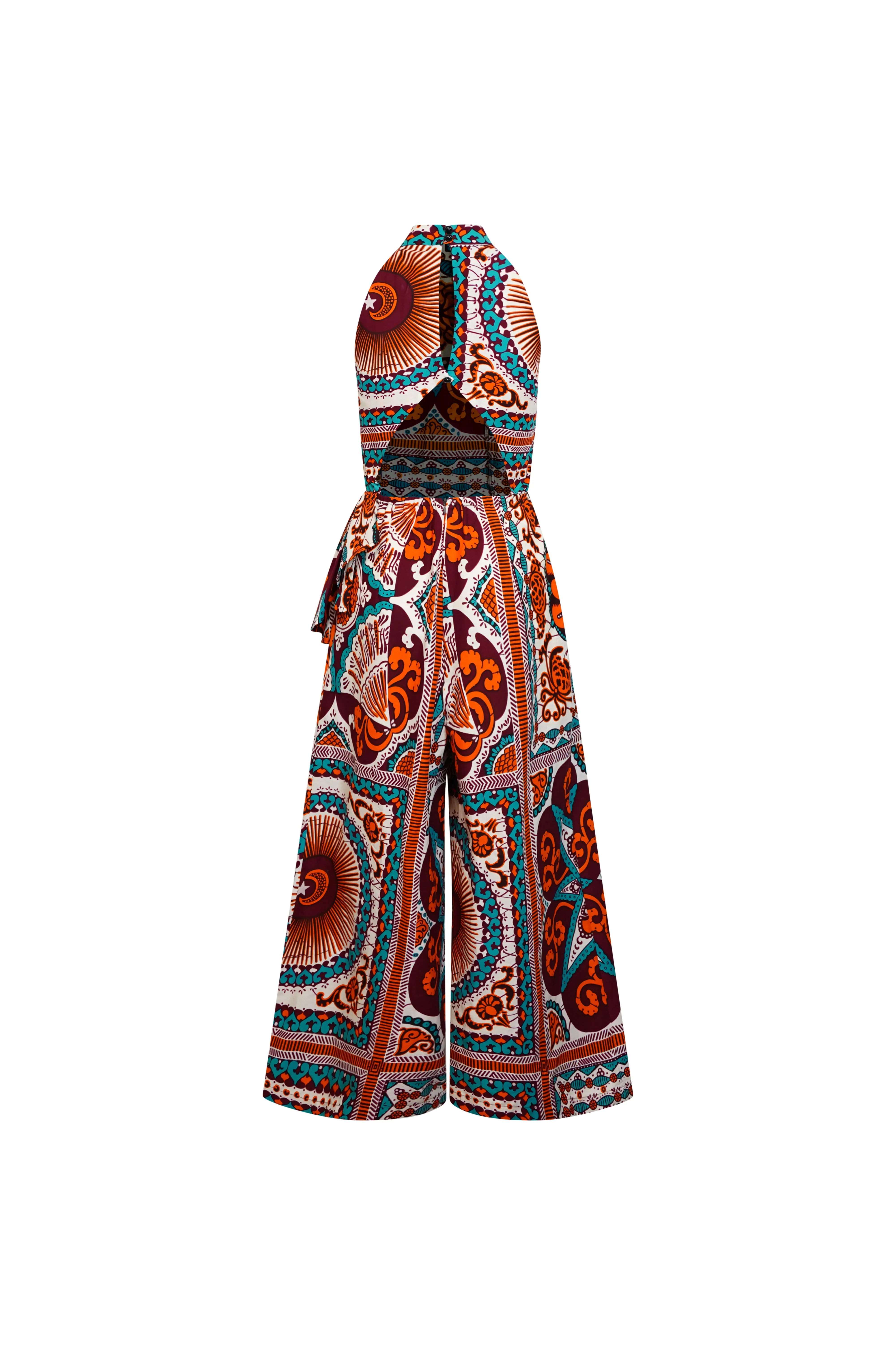 Yetunde Jumpsuit - Orange Cyan and White African Ankara Wax Cotton Print