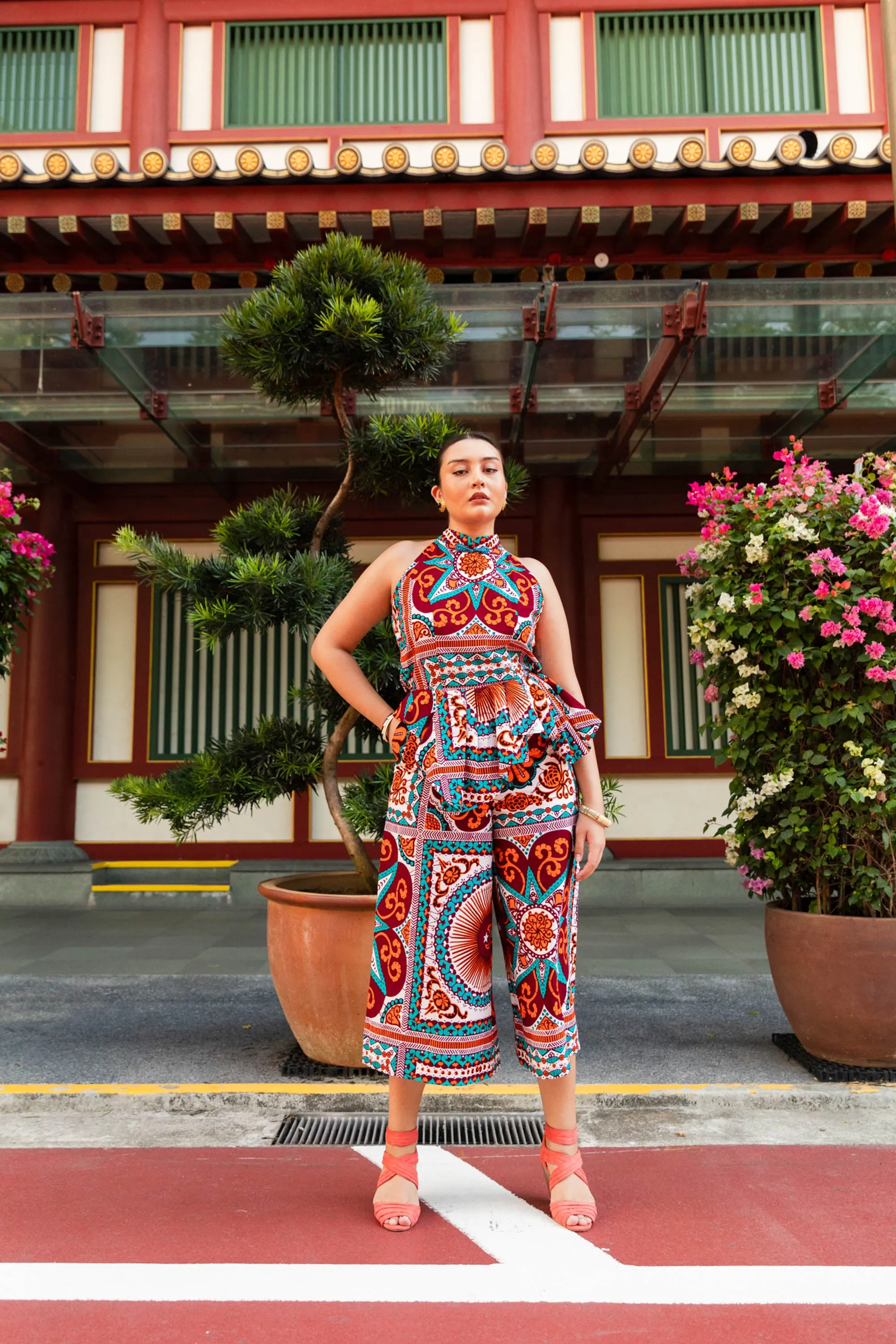 Yetunde Jumpsuit - Orange Cyan and White African Ankara Wax Cotton Print