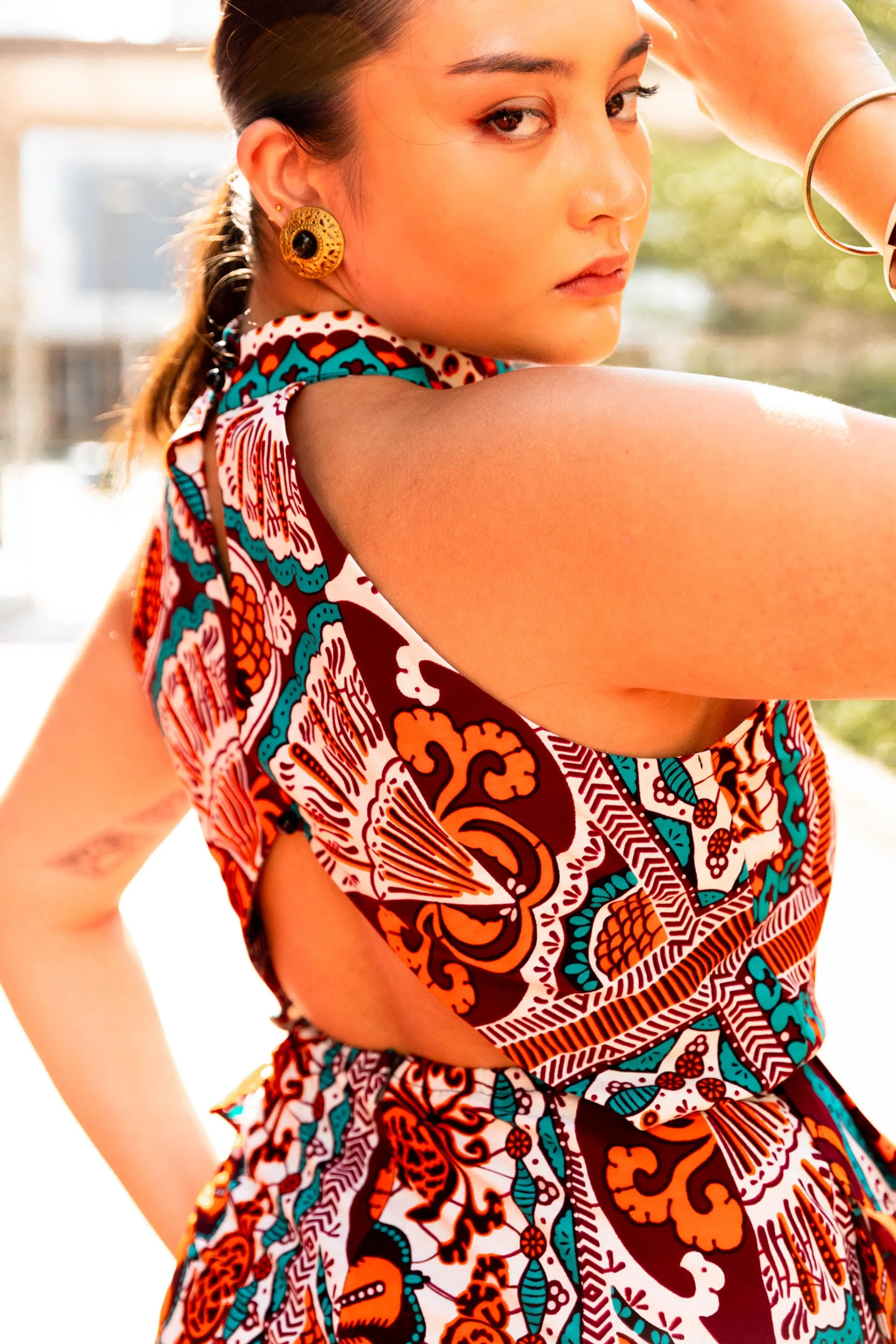 Yetunde Jumpsuit - Orange Cyan and White African Ankara Wax Cotton Print