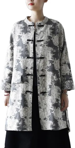 Ystylee Women's Trench Coat Jacquard Long Sleeve Button Down Chinese Vintage Long Loose Duster Jacket