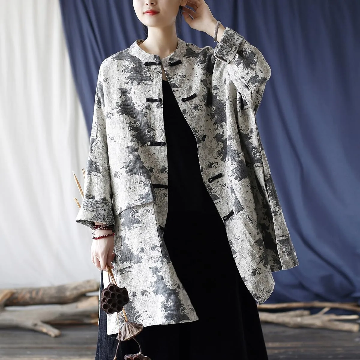 Ystylee Women's Trench Coat Jacquard Long Sleeve Button Down Chinese Vintage Long Loose Duster Jacket