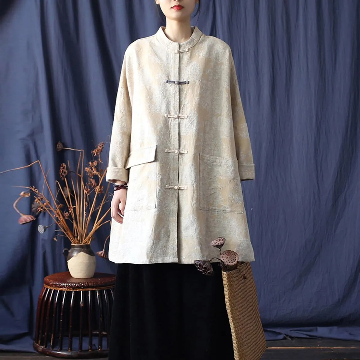 Ystylee Women's Trench Coat Jacquard Long Sleeve Button Down Chinese Vintage Long Loose Duster Jacket