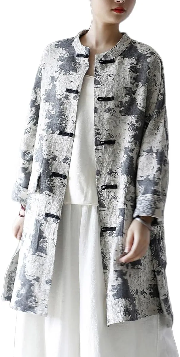 Ystylee Women's Trench Coat Jacquard Long Sleeve Button Down Chinese Vintage Long Loose Duster Jacket