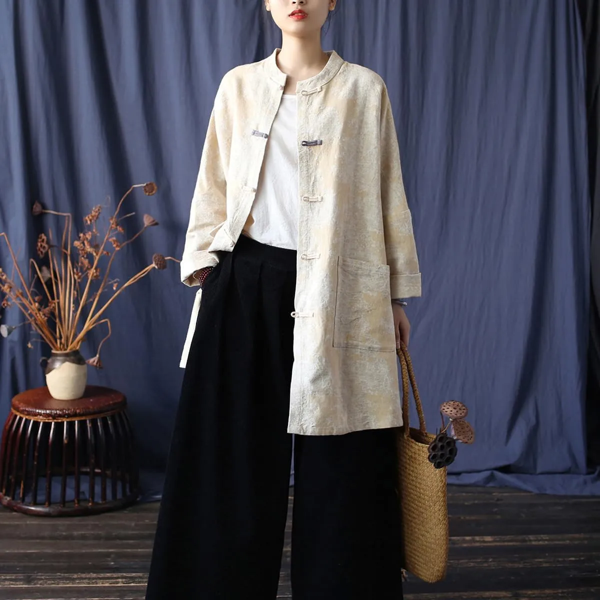 Ystylee Women's Trench Coat Jacquard Long Sleeve Button Down Chinese Vintage Long Loose Duster Jacket