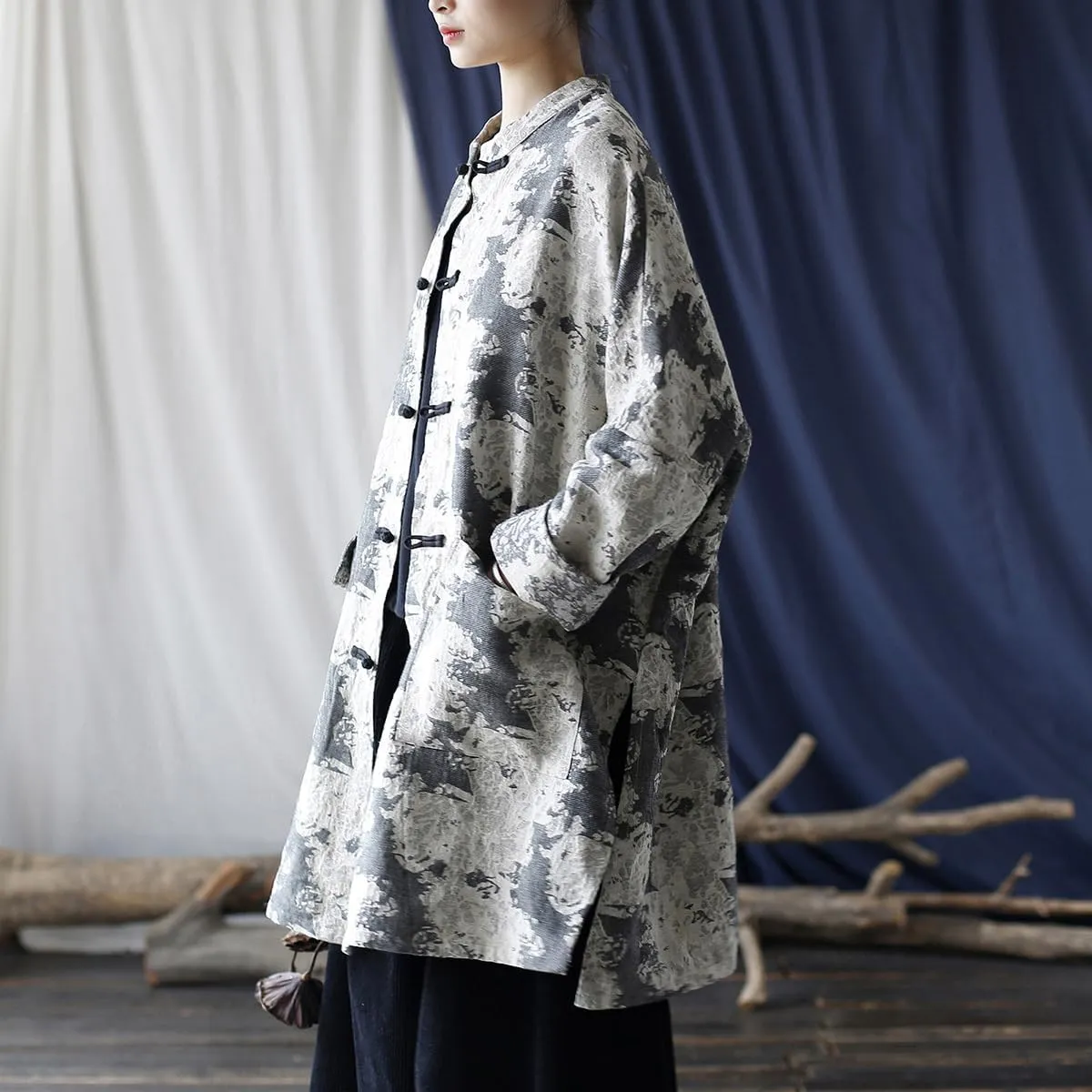 Ystylee Women's Trench Coat Jacquard Long Sleeve Button Down Chinese Vintage Long Loose Duster Jacket