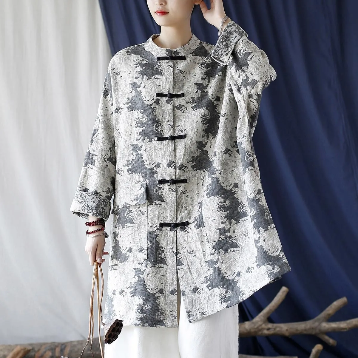 Ystylee Women's Trench Coat Jacquard Long Sleeve Button Down Chinese Vintage Long Loose Duster Jacket
