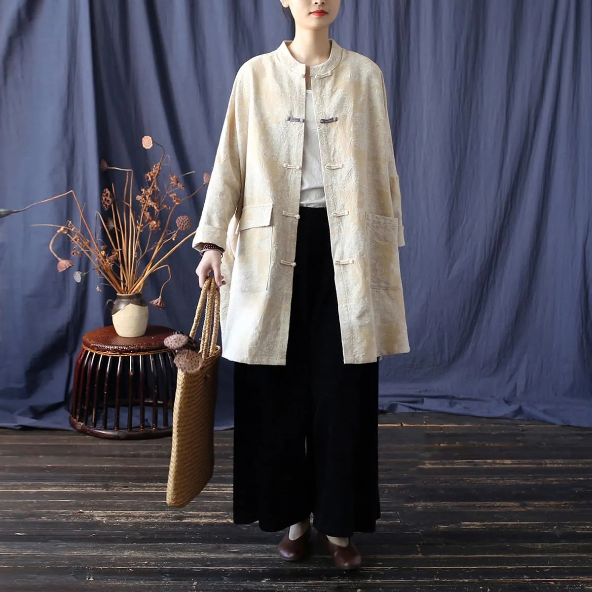 Ystylee Women's Trench Coat Jacquard Long Sleeve Button Down Chinese Vintage Long Loose Duster Jacket
