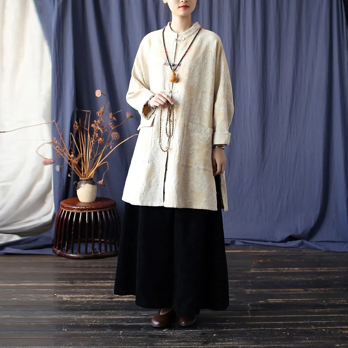 Ystylee Women's Trench Coat Jacquard Long Sleeve Button Down Chinese Vintage Long Loose Duster Jacket