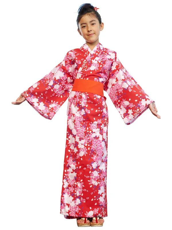Yukata with sash belt. for Children Kids Girls. made in Japan Midori Yukata "Red Cherry Blossoms / 赤桜"