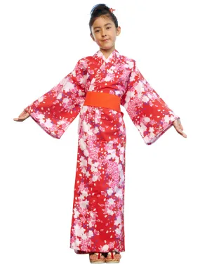 Yukata with sash belt. for Children Kids Girls. made in Japan Midori Yukata "Red Cherry Blossoms / 赤桜"
